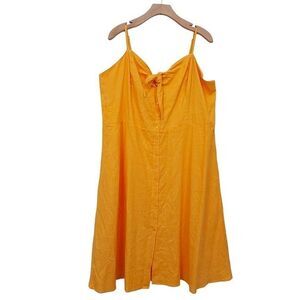 Sofia Vergara Midi Dress 2X Yellow Tie Front Spaghetti Strap Button Linen Blend
